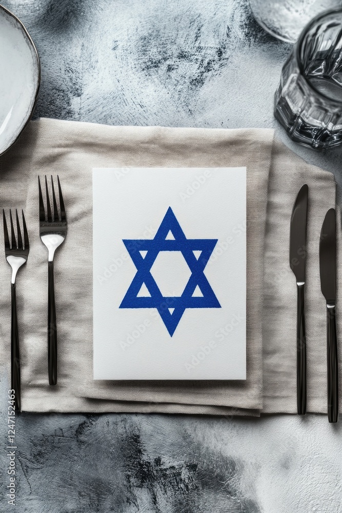 Poster a table with a white napkin and a blue star of david on it. the napkin is folded and placed on a tab