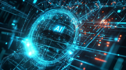 A conceptual illustration featuring an abstract futuristic background, integrating elements of digital technology and artificial intelligence, with the text "AI" prominently displayed
