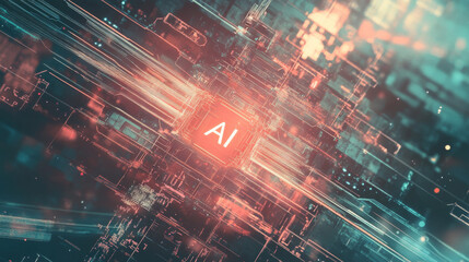 Fototapeta premium A conceptual illustration featuring an abstract futuristic background, integrating elements of digital technology and artificial intelligence, with the text 