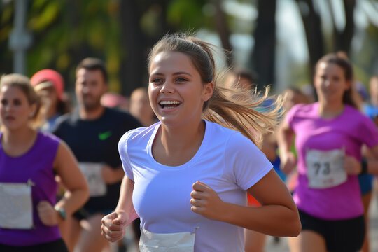 Participants enjoying a sunny day running in a local marathon event in the park