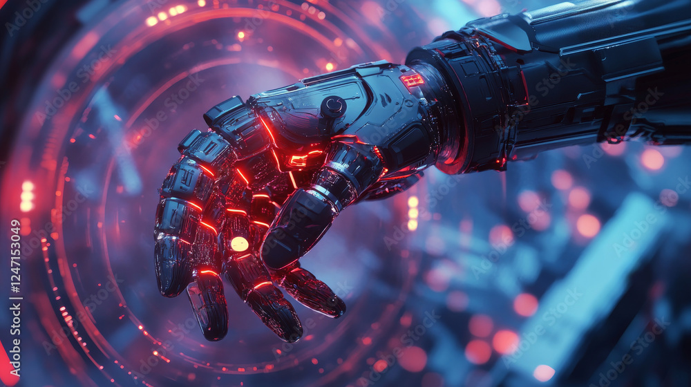 Poster a futuristic concept showcasing a robotic arm encircled by technological elements, symbolizing ai in
