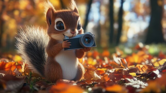 A Cute Squirrel Photographer Capturing Autumn Scenery in the Woods - Powered by Adobe