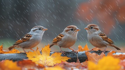 Autumn sparrows huddle, rain, leaves, forest