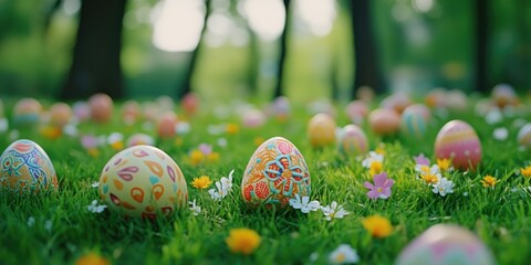 Vibrant festive eggs on grassy lawn.