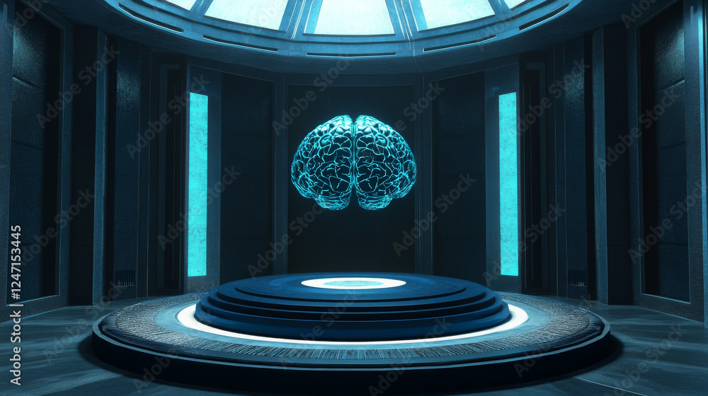 Poster a visual representation of an ai brain motif, centrally positioned on a circular platform, utilizing
