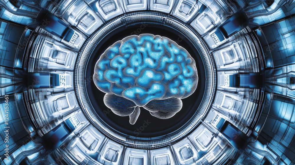Poster a visual representation of an ai brain motif, centrally positioned on a circular platform, utilizing
