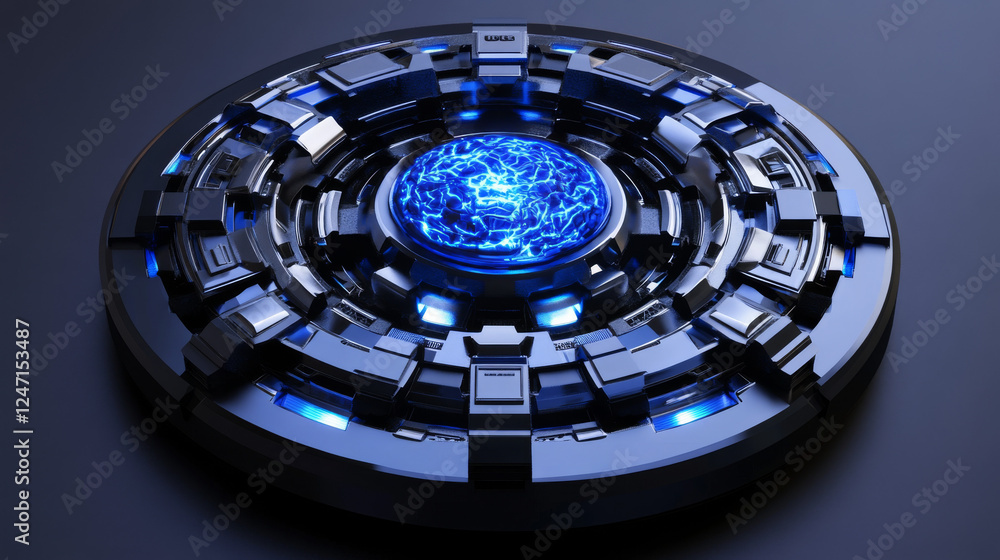 Poster a visual representation of an ai brain motif, centrally positioned on a circular platform, utilizing