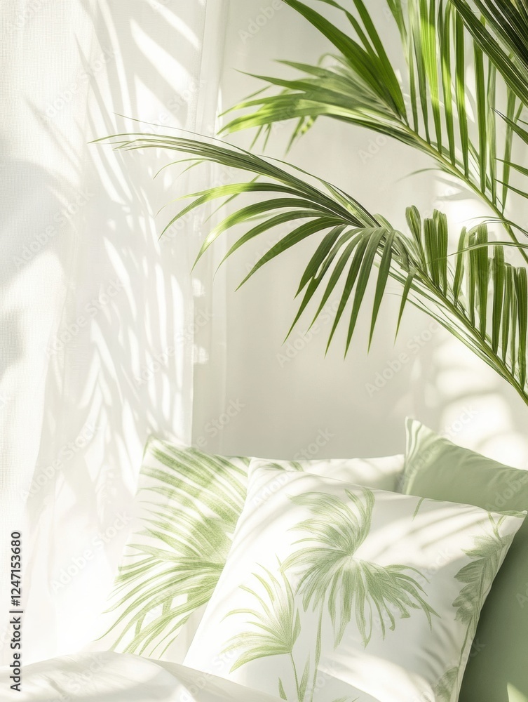 Aufkleber explore tropical patterns with light summer fabrics in a bright, refreshing room setting. generative