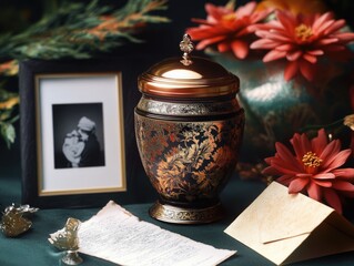 The image depicts a funeral decoration setup. It includes a ceremonial urn, flowers, prayer cards, and various religious items arranged in a manner that suggests respect for mourning traditions.