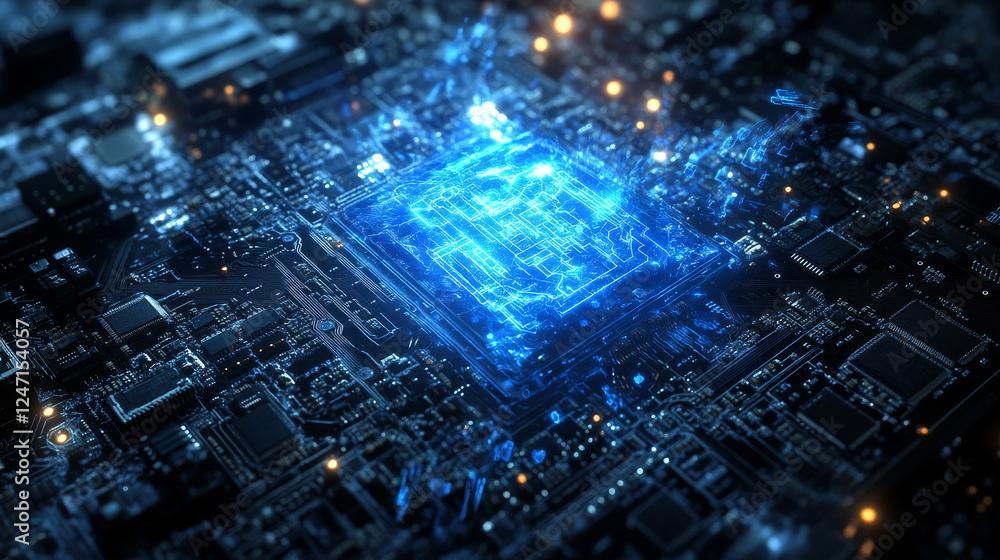 Poster an ai logo embedded within a computer chip, emitting a glowing blue light against a dark background
