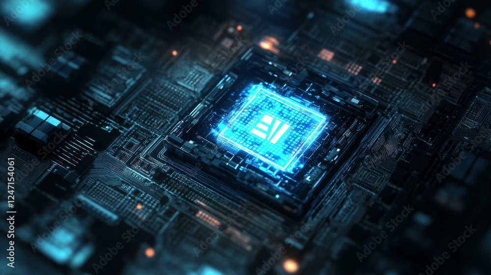 Poster an ai logo embedded within a computer chip, emitting a glowing blue light against a dark background