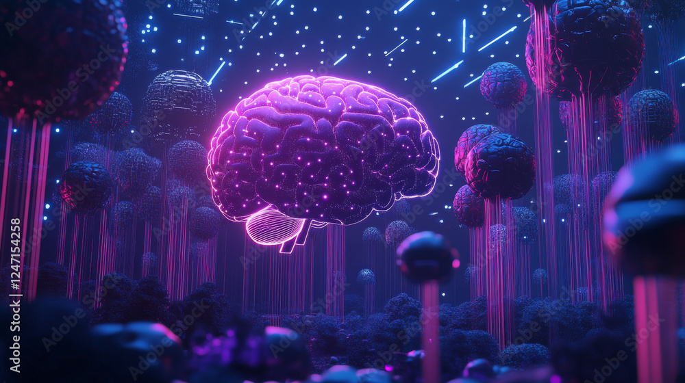 Poster an infographic background depicting ai brain technology, integrating futuristic artificial intellige