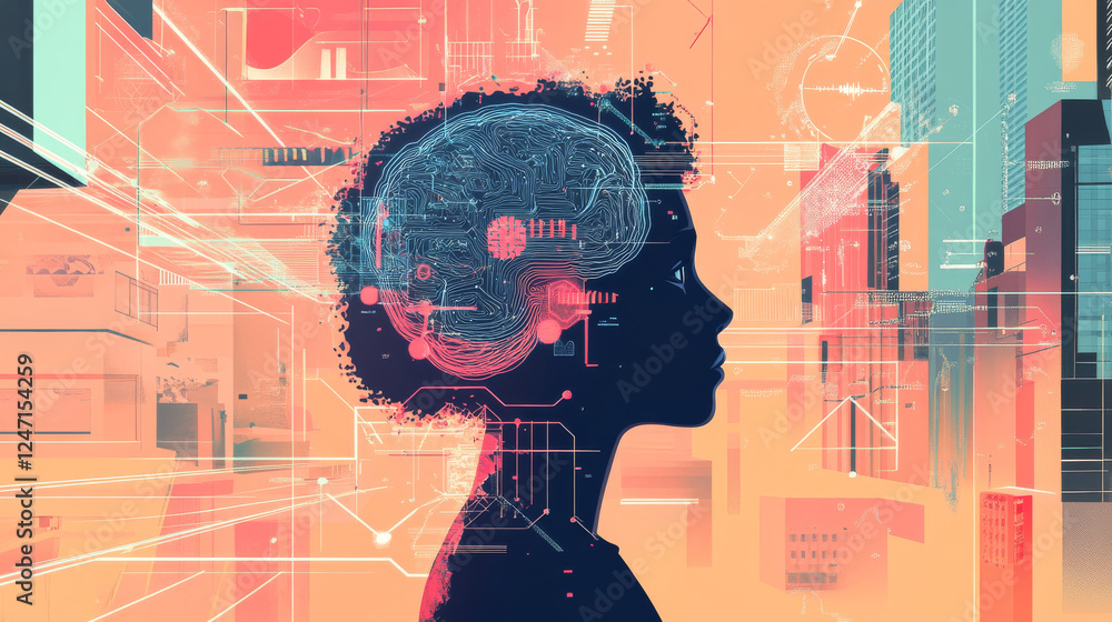 Aufkleber an infographic background depicting ai brain technology, integrating futuristic artificial intellige