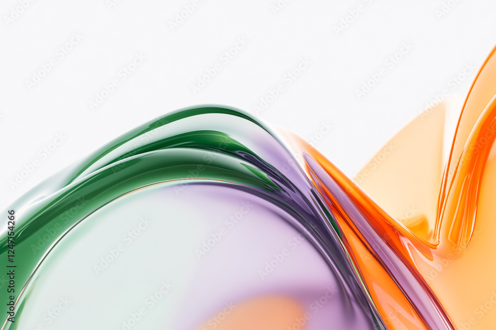 Poster Abstract close-up image of smooth flowing fluid in green, purple, and orange colors, creating a modern and vibrant wave pattern. This image symbolizes fluidity and motion.