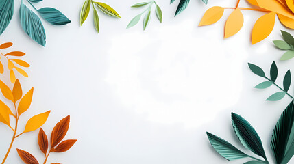 Obraz premium colorful paper-cut flowers and leaves on a white background, with empty space in the center for text or product display