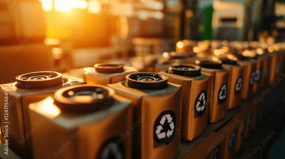 Poster sunlight illuminates rows of recyclable containers in a factory setting, highlighting the importance