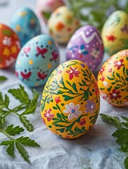 Fototapeta premium Colorful eggs with flower patterns and vibrant colors, perfect for Easter celebrations.