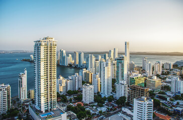 Modern skyline of cartagena at sunset overlooking the sea