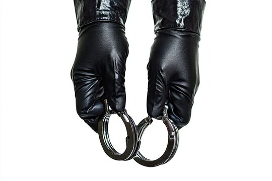 Ein in schwarzen Handschuhen geh&uuml;lltes Weib lockt mit Handschellen