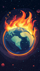 Fototapeta premium Digital Illustration of a Burning Planet Engulfed in Flames, Depicting a Global Crisis, Cosmic Disaster, or Environmental Apocalypse