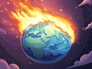 Fototapeta premium Digital Illustration of a Burning Planet Engulfed in Flames, Depicting a Global Crisis, Cosmic Disaster, or Environmental Apocalypse