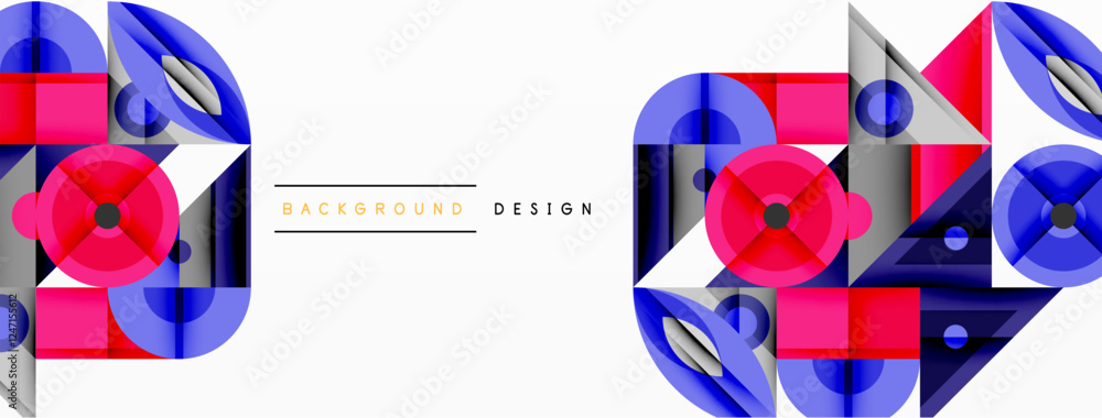 Aufkleber Geometric abstract composition with intersecting shapes, circles, triangles, and gradients, blending vibrant colors and dynamic contrasts to create a modern, futuristic visual design