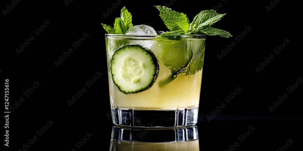 Poster a glass of cucumber juice with a cucumber slice on top. the glass is half full and the cucumber slic