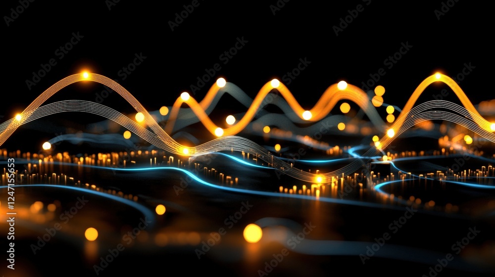 Poster Dynamic waveform visualization digital realm abstract art dark background close-up view energy and motion concept