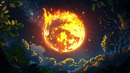 Digital Illustration of a Burning Planet Engulfed in Flames, Depicting a Global Crisis, Cosmic Disaster, or Environmental Apocalypse