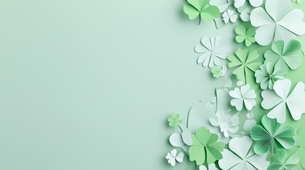 St. Patrick's Day background with clover leaves and paper-cut flowers in a pastel green color. Space for text, banner design