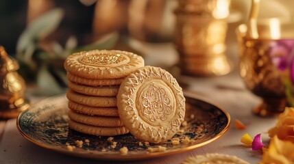 Sweet treats with golden edges, likely Indian dessert cookies, sitting on a plate. Diwali or festive season theme suggested by the gold and the platter.
