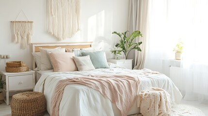 Modern Luxury Home Interior Bedroom Design with Mockup Frame , Wall, lamp, table, Poster(3d Render)