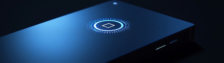 Futuristic device with glowing interface, dark background, technology concept