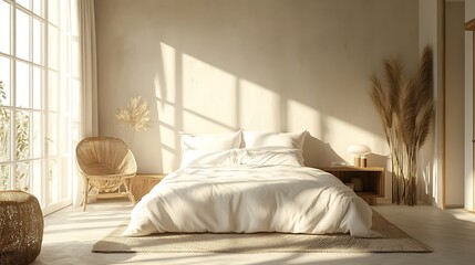 Modern Luxury Home Interior Bedroom Design with Mockup Frame , Wall, lamp, table, Poster(3d Render)