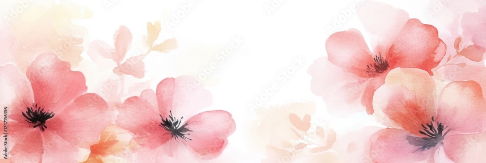 Poster delicate watercolor illustration of pink flowers in soft light, capturing the essence of spring in a