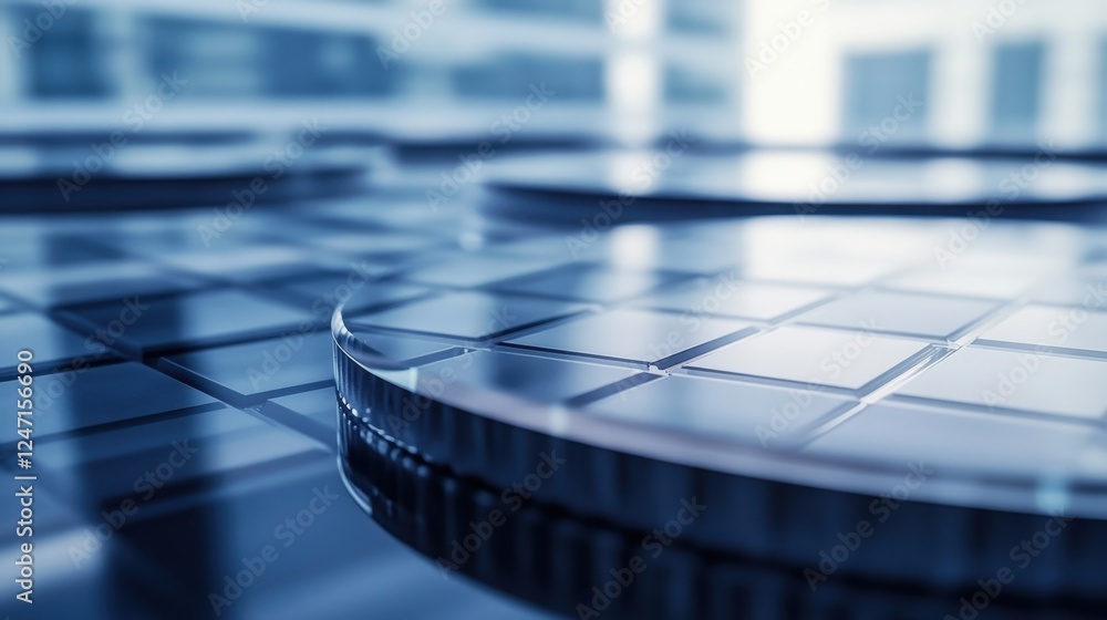 Poster close up view of silicon wafers on a reflective surface, showcasing intricate patterns and precision
