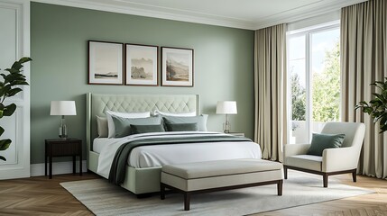 Modern Luxury Home Interior Bedroom Design with Mockup Frame , Wall, lamp, table, Poster(3d Render)