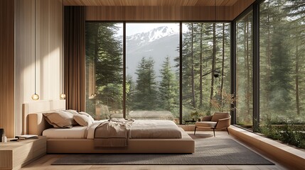 Fototapeta premium Modern Luxury Home Interior Bedroom Design with Mockup Frame , Wall, lamp, table, Poster(3d Render)