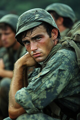 Fototapeta premium Group of Soldiers with Intense and Confused Expressions, Wearing Military Helmets and Gear, Depicting War, Tension, and Battlefield Uncertainty