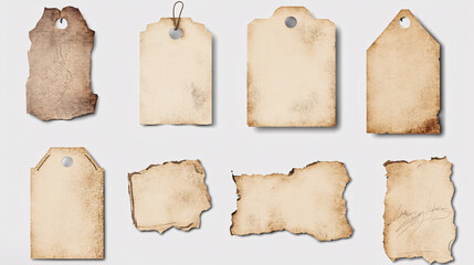 A collection of blank, old sticker label price tags is isolated for mockup use, showing signs of wear and peeling.