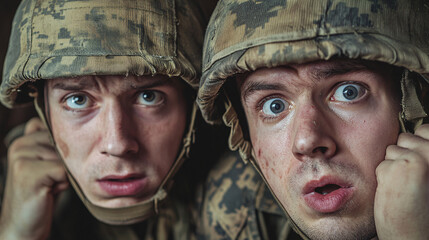 Fototapeta premium Group of Soldiers with Intense and Confused Expressions, Wearing Military Helmets and Gear, Depicting War, Tension, and Battlefield Uncertainty