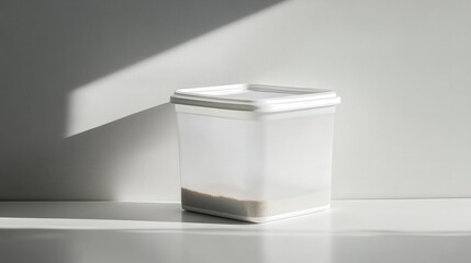 Close-up of a pet food container on a clean white surface, ideal for promoting pet food products.