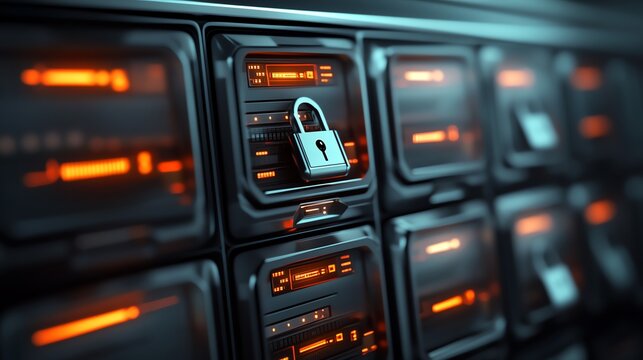 Close-up of secure server lock and glowing data panels representing cybersecurity technology.