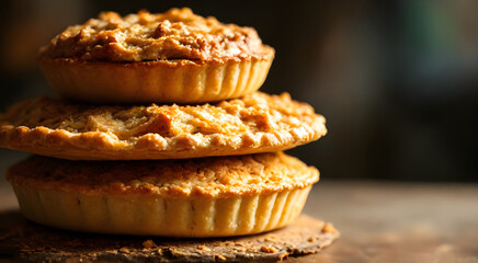 A variety of pies are arranged vertically, revealing different flavors and textures. There is space for adding text. Perfect for food photography, bakery advertisements, and dessert-themed designs.