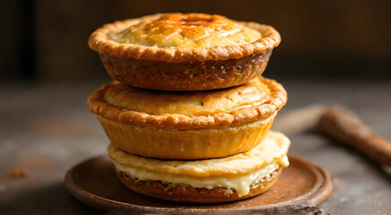A variety of pies are arranged vertically, revealing different flavors and textures. There is space for adding text. Perfect for food photography, bakery advertisements, and dessert-themed designs.