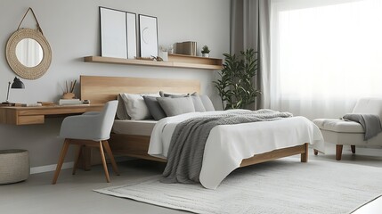 Modern Luxury Home Interior Bedroom Design with Mockup Frame , Wall, lamp, table, Poster(3d Render)