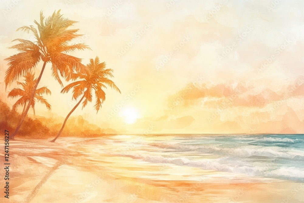 Fototapete Sunset over calm beach with palm trees swaying in the breeze and soft waves lapping at the shore. Generative AI