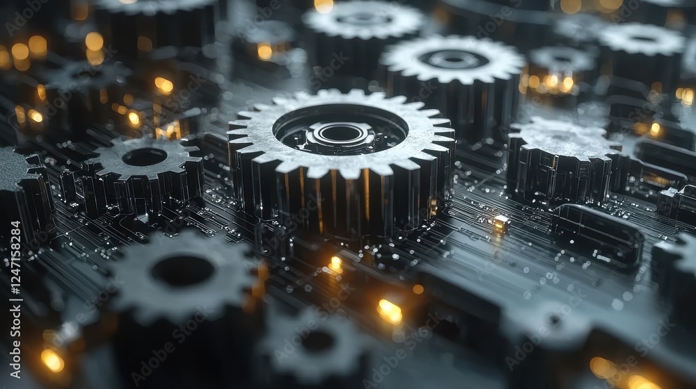 Poster a close-up view of metallic gears and circuitry, showcasing intricate mechanics.