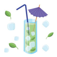 Vector illustration of a summer non-alcoholic drink in a tall glass with a straw and a paper umbrella. Mojito with ice cubes and mint leaves.