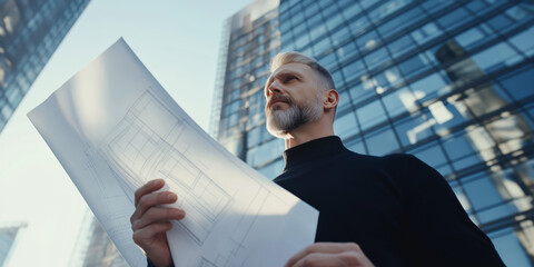 Architect or urban planner analyzing architectural blueprints against a backdrop of modern skyscrapers during daylight in an urban setting